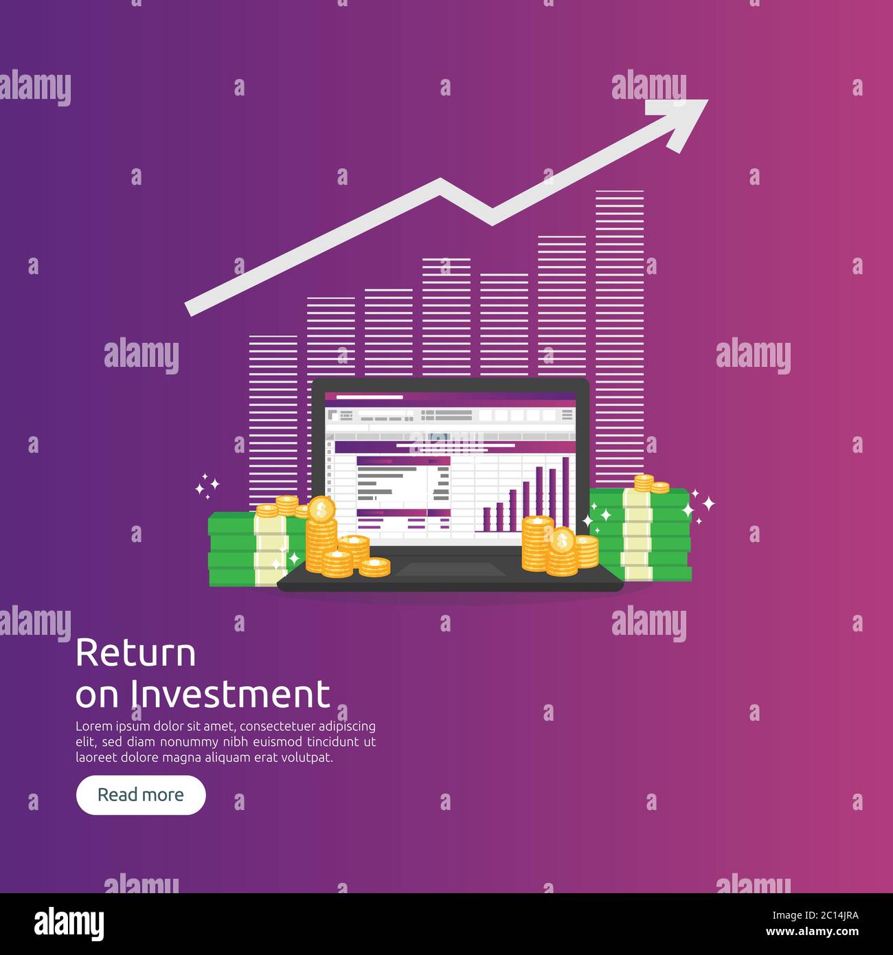 Analisi dei dati SEO, foglio di calcolo su schermo. Analisi finanziaria aziendale audit con grafici. Concetto di ROI del ritorno sugli investimenti. Aumento dei profitti Illustrazione Vettoriale