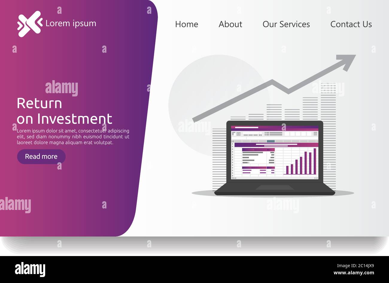 Analisi dei dati SEO, foglio di calcolo su schermo. Analisi finanziaria aziendale audit con grafici. Concetto di ROI del ritorno sugli investimenti. Aumento dei profitti Illustrazione Vettoriale