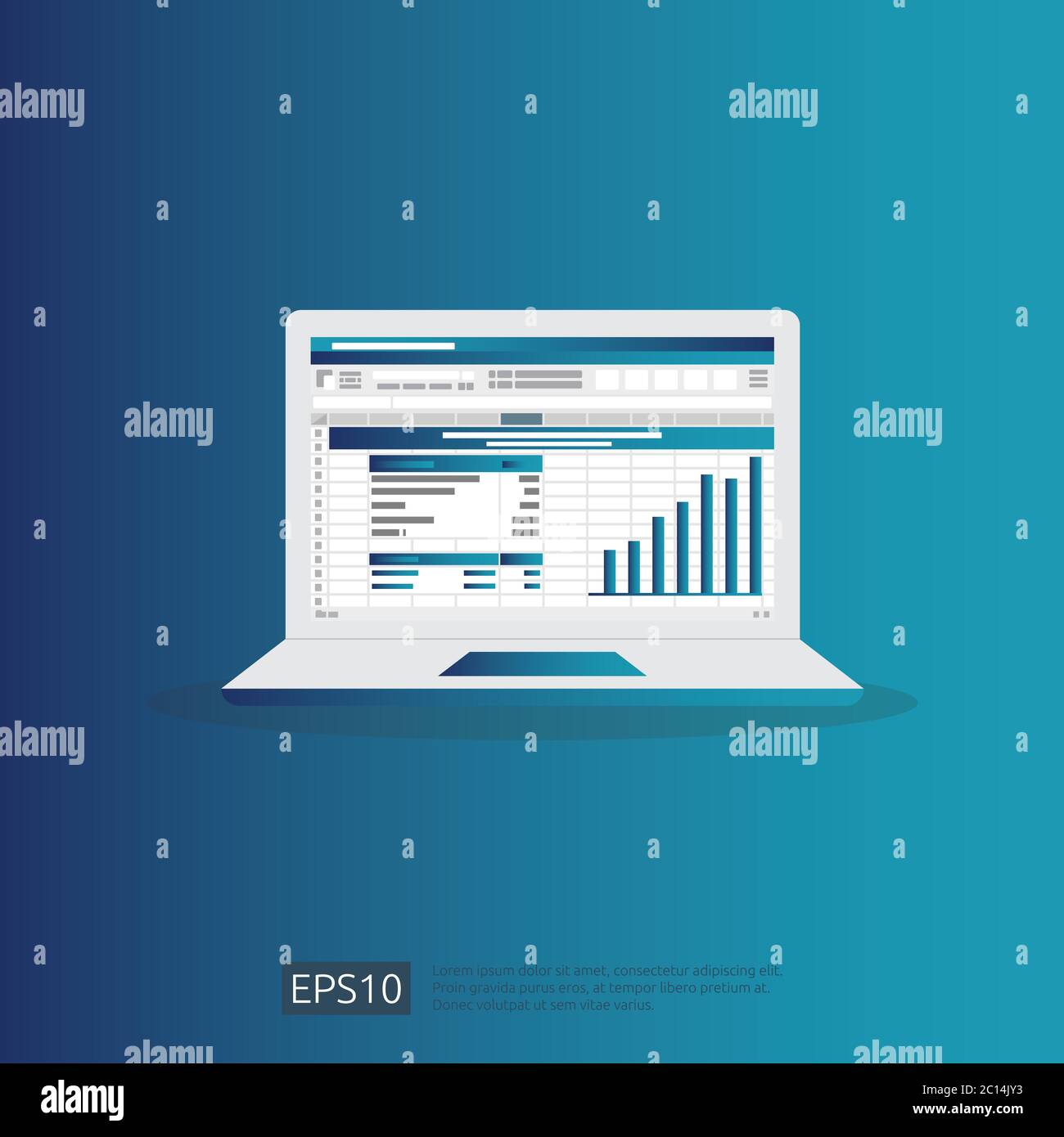 Analisi dei dati SEO, foglio di calcolo su schermo. Analisi finanziaria aziendale audit con grafici. Concetto di ROI del ritorno sugli investimenti. Aumento dei profitti Illustrazione Vettoriale