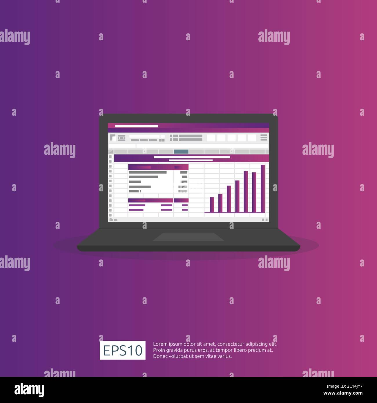 Analisi dei dati SEO, foglio di calcolo su schermo. Analisi finanziaria aziendale audit con grafici. Concetto di ROI del ritorno sugli investimenti. Aumento dei profitti Illustrazione Vettoriale