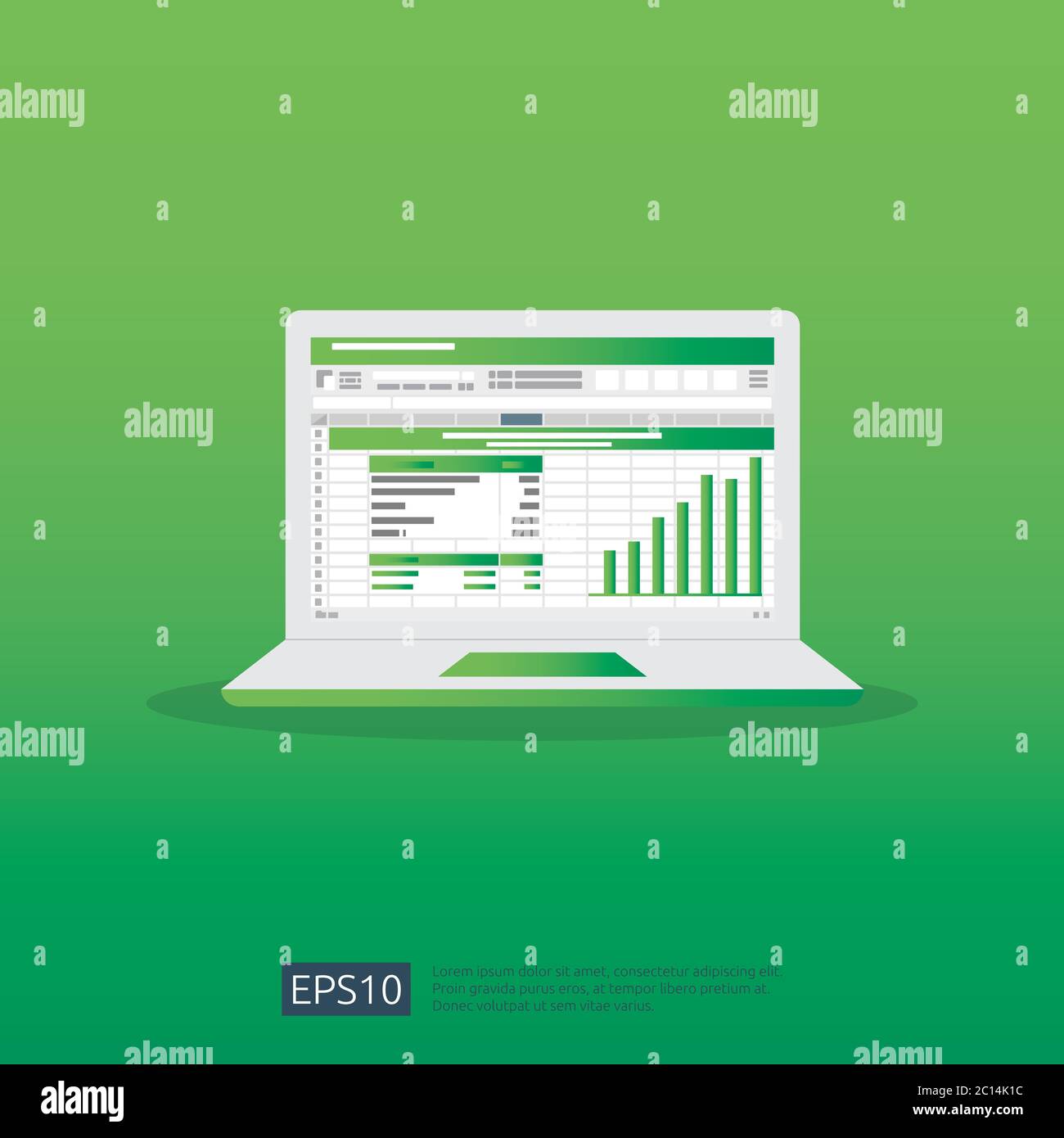 Analisi dei dati SEO, foglio di calcolo su schermo. Analisi finanziaria aziendale audit con grafici. Concetto di ROI del ritorno sugli investimenti. Aumento dei profitti Illustrazione Vettoriale