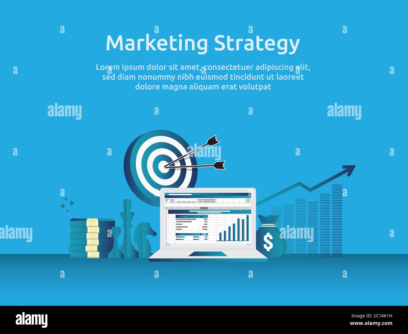 foglio di calcolo strategia di marketing su schermo. analisi finanziaria aziendale audit con grafici. Concetto di ROI del ritorno sugli investimenti. Aumento dei profitti Illustrazione Vettoriale