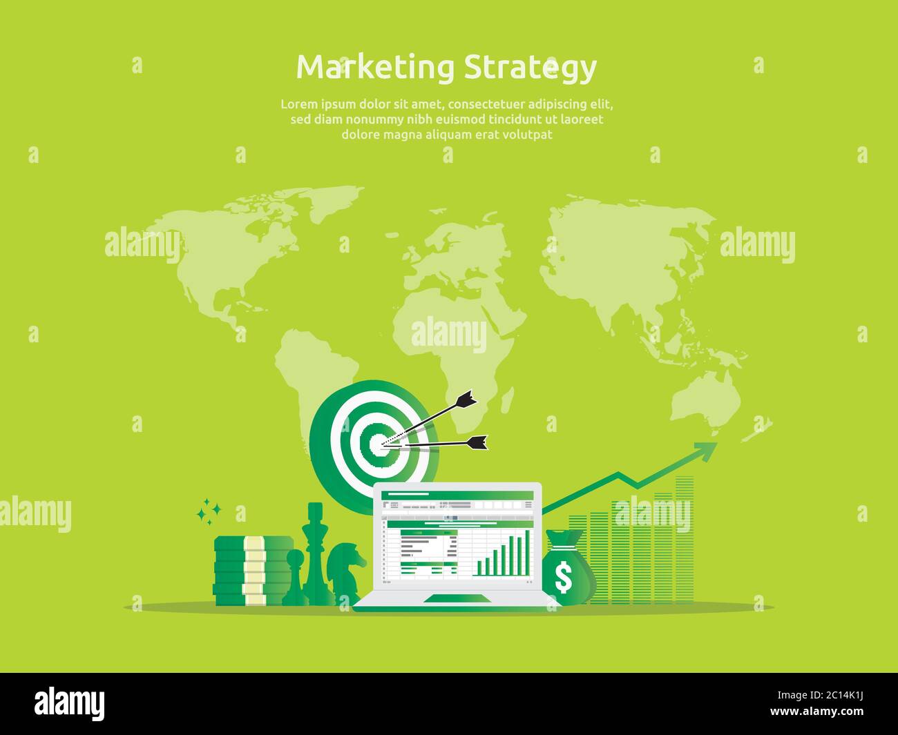 foglio di calcolo strategia di marketing su schermo. analisi finanziaria aziendale audit con grafici. Concetto di ROI del ritorno sugli investimenti. Aumento dei profitti Illustrazione Vettoriale