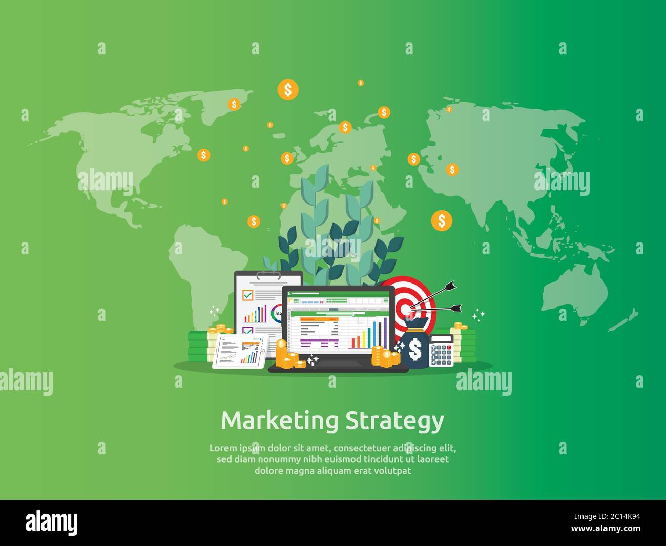 foglio di calcolo strategia di marketing su schermo. analisi finanziaria aziendale audit con grafici. Concetto di ROI del ritorno sugli investimenti. Aumento dei profitti Illustrazione Vettoriale