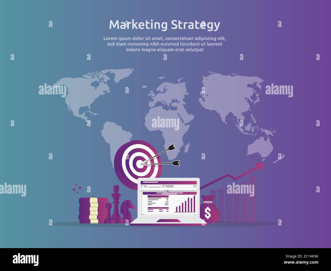 foglio di calcolo strategia di marketing su schermo. analisi finanziaria aziendale audit con grafici. Concetto di ROI del ritorno sugli investimenti. Aumento dei profitti Illustrazione Vettoriale