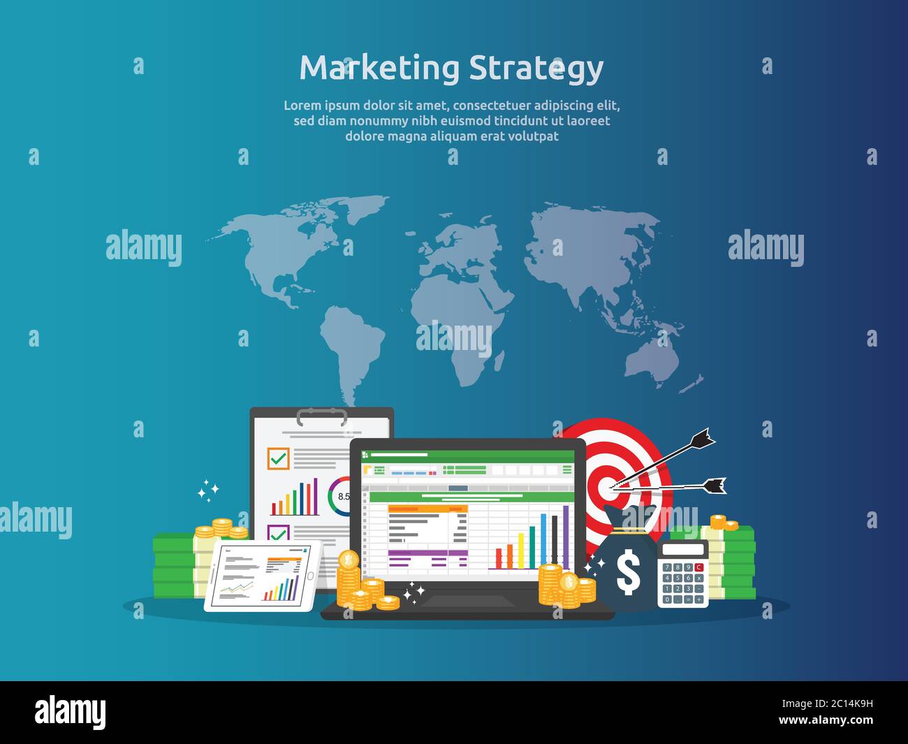 foglio di calcolo strategia di marketing su schermo. analisi finanziaria aziendale audit con grafici. Concetto di ROI del ritorno sugli investimenti. Aumento dei profitti Illustrazione Vettoriale
