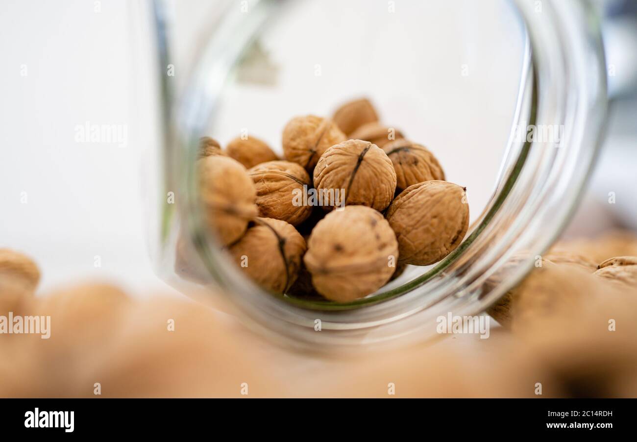 Concept nocciole di noce sano in una ciotola di vetro. Buon carboidrato per provvedere nutrizione! Illuminato con luce naturale. Foto Stock