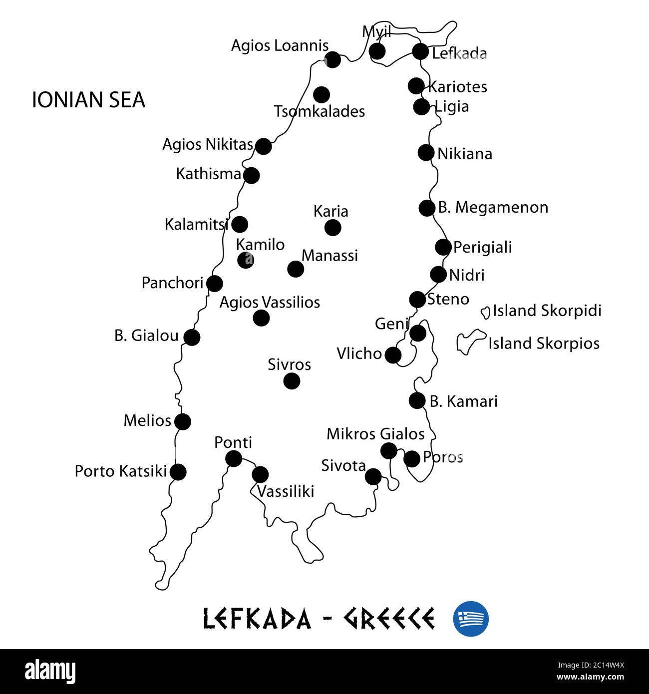 Isola di Lefkada in Grecia mappa arte su sfondo bianco Illustrazione Vettoriale