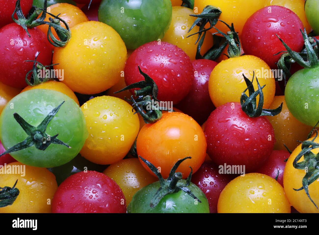 3 colori pomodori ciliegini (verde, arancio e rosso) Foto Stock