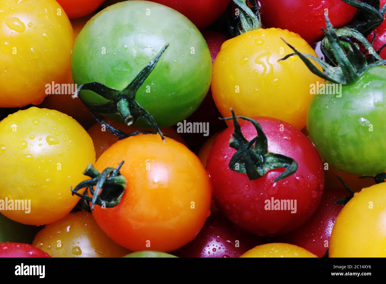 3 colori pomodori ciliegini (verde, arancio e rosso) - primo piano Foto Stock