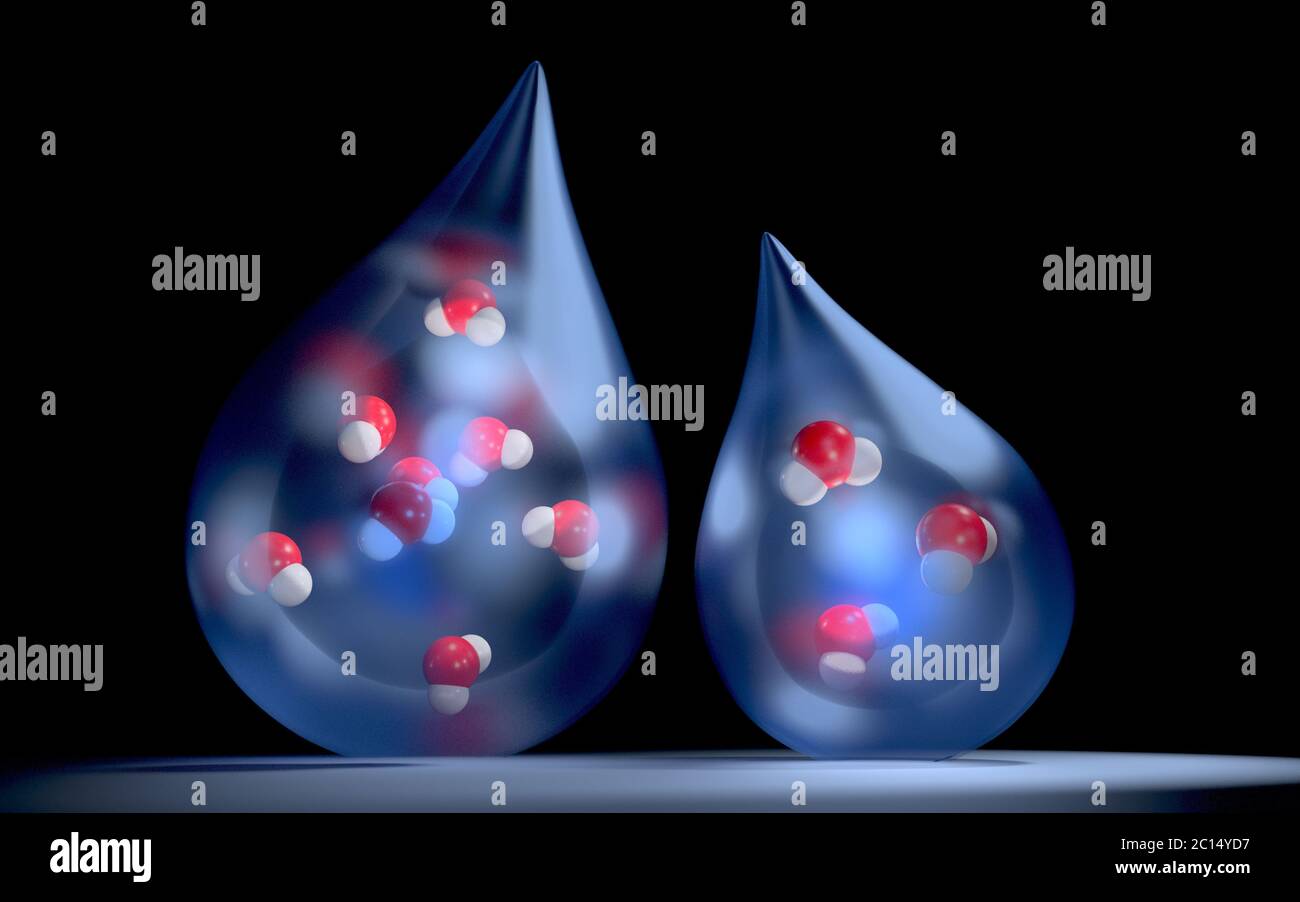 Goccioline di pioggia con molecole di acqua. Foto Stock