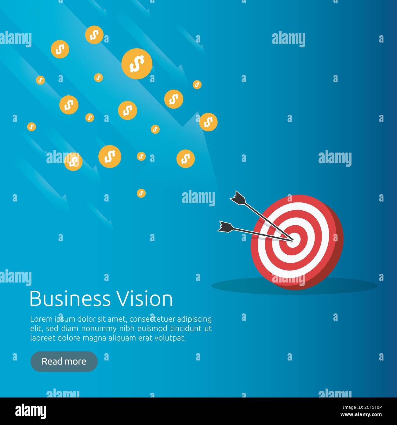 Concetto di strategia di visione di affari. Freccia al target di obiettivo di successo. Analisi di successo finanziario. Profitto di reddito di investimento riuscito. Stile piatto di bandiera Illustrazione Vettoriale