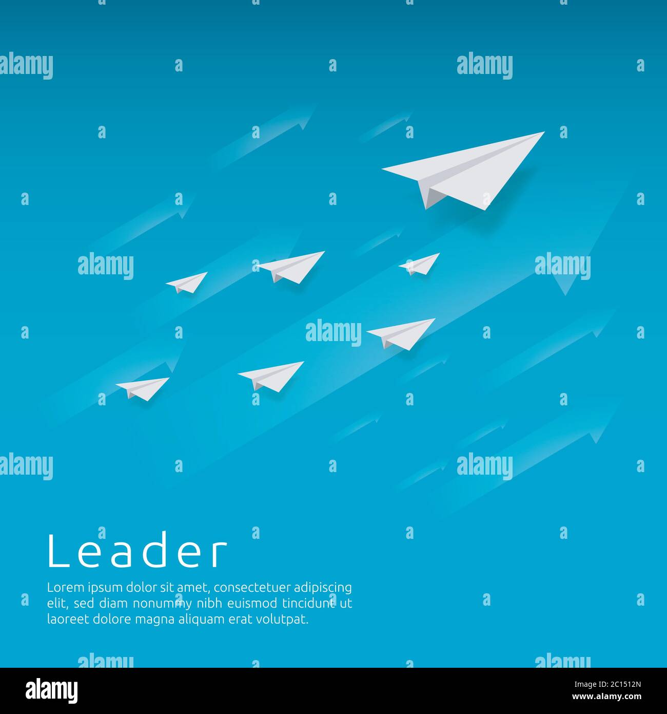 Leadership aziendale e lavoro di squadra. Piano di carta che vola con direzione freccia su cielo blu. Strategia, efficienza, innovazione nel concetto di finanza Illustrazione Vettoriale