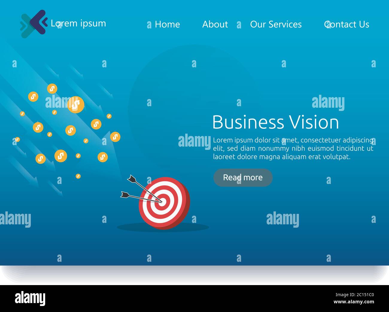 Concetto di strategia di visione di affari. Freccia al target di obiettivo di successo. Analisi di successo finanziario. Profitto di reddito di investimento riuscito. Stile piatto di bandiera Illustrazione Vettoriale