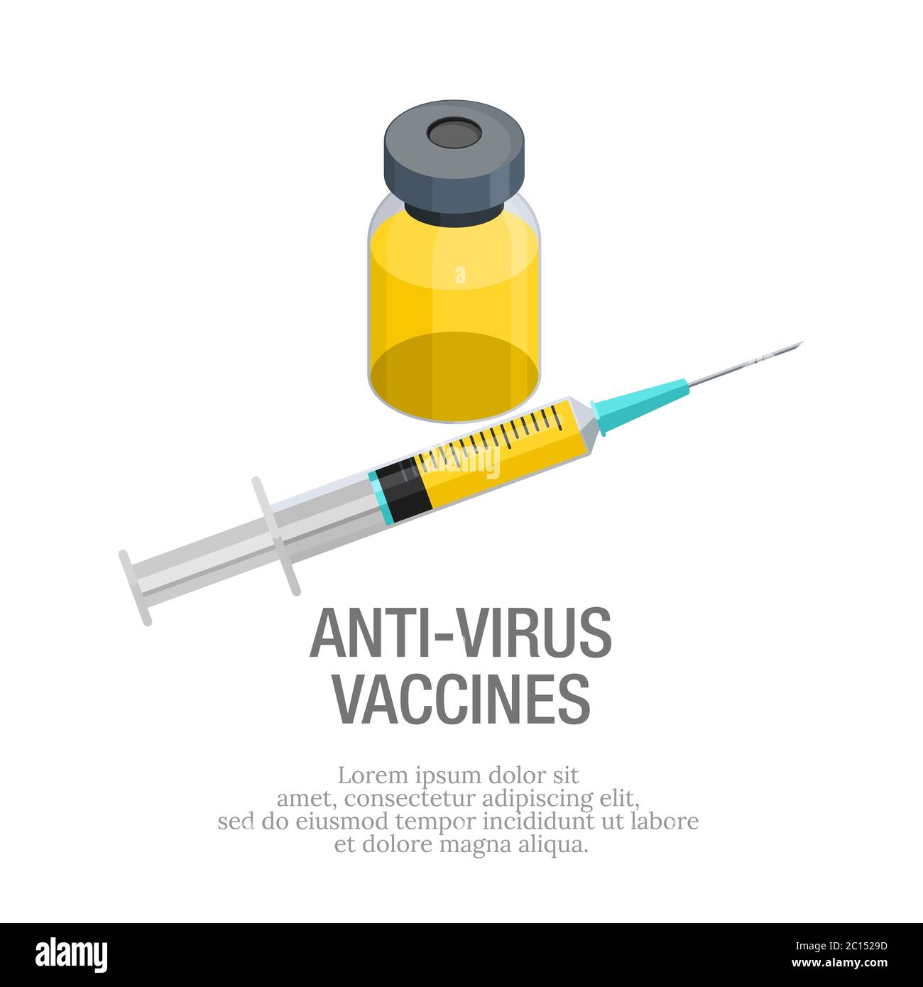 Illustrazione vettoriale del liquido antivirus in flaconi e siringhe. Adatto per elementi di progettazione di attività di immunizzazione. Anticorpi per pazienti. Illustrazione Vettoriale