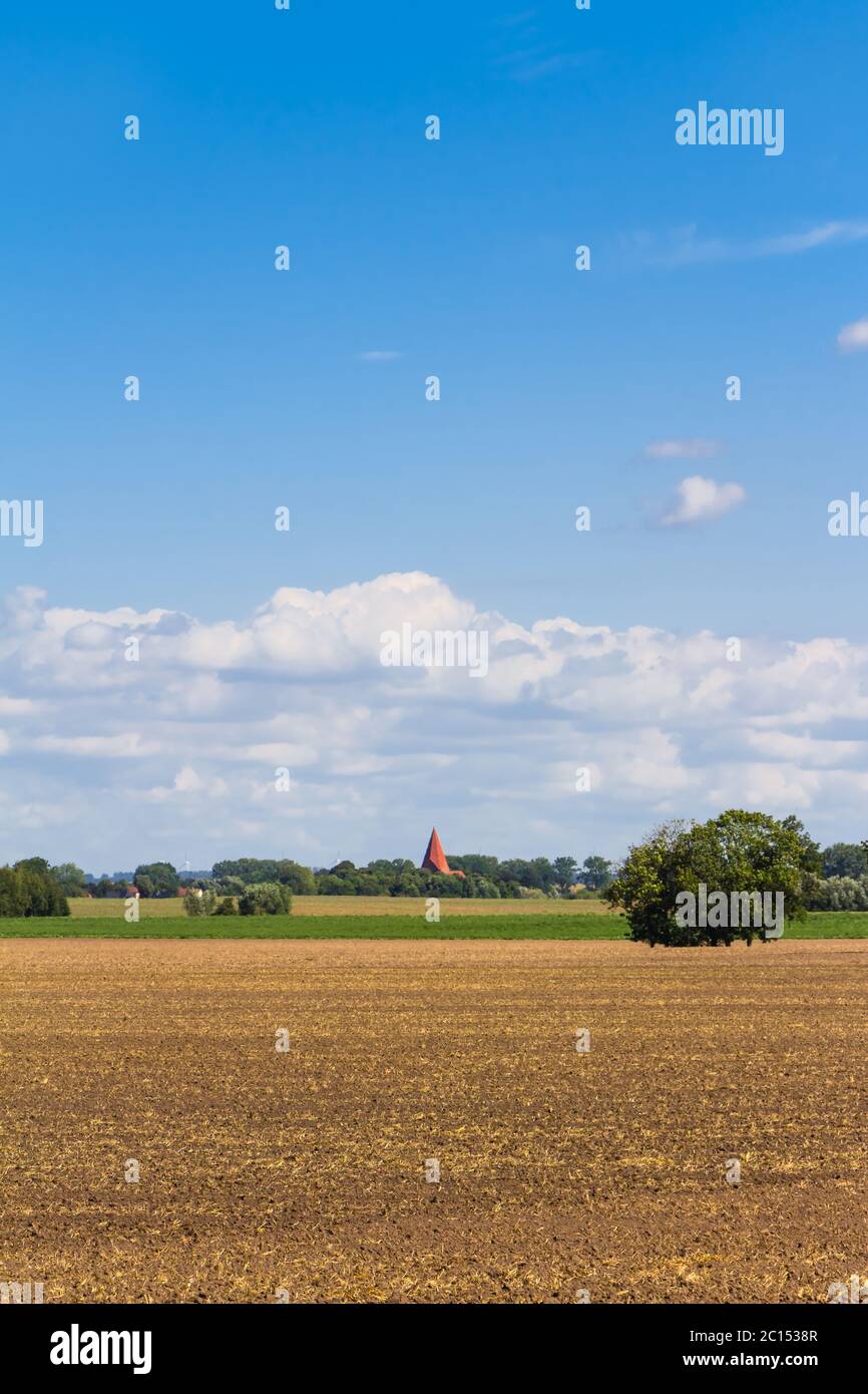 Area agricola in estate con cielo blu e nuvole bianche in Germania Foto Stock