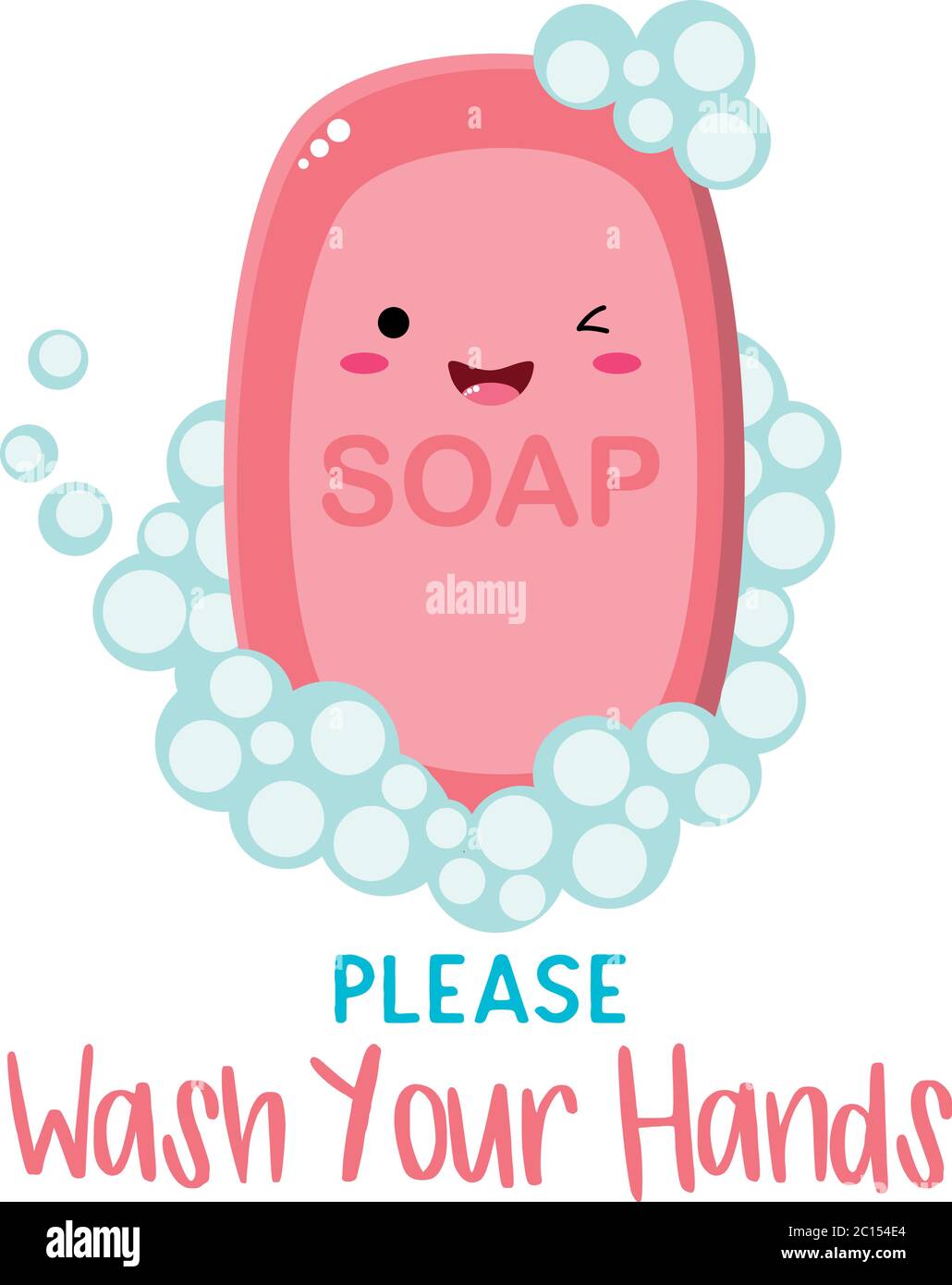 Carino, rosa, sapone kawaii con lavi il titolo delle mani e bolle. Perfetto per il Web o la stampa. Può essere utilizzato come poster di avvertenza nel vivaio. Illustrazione Vettoriale