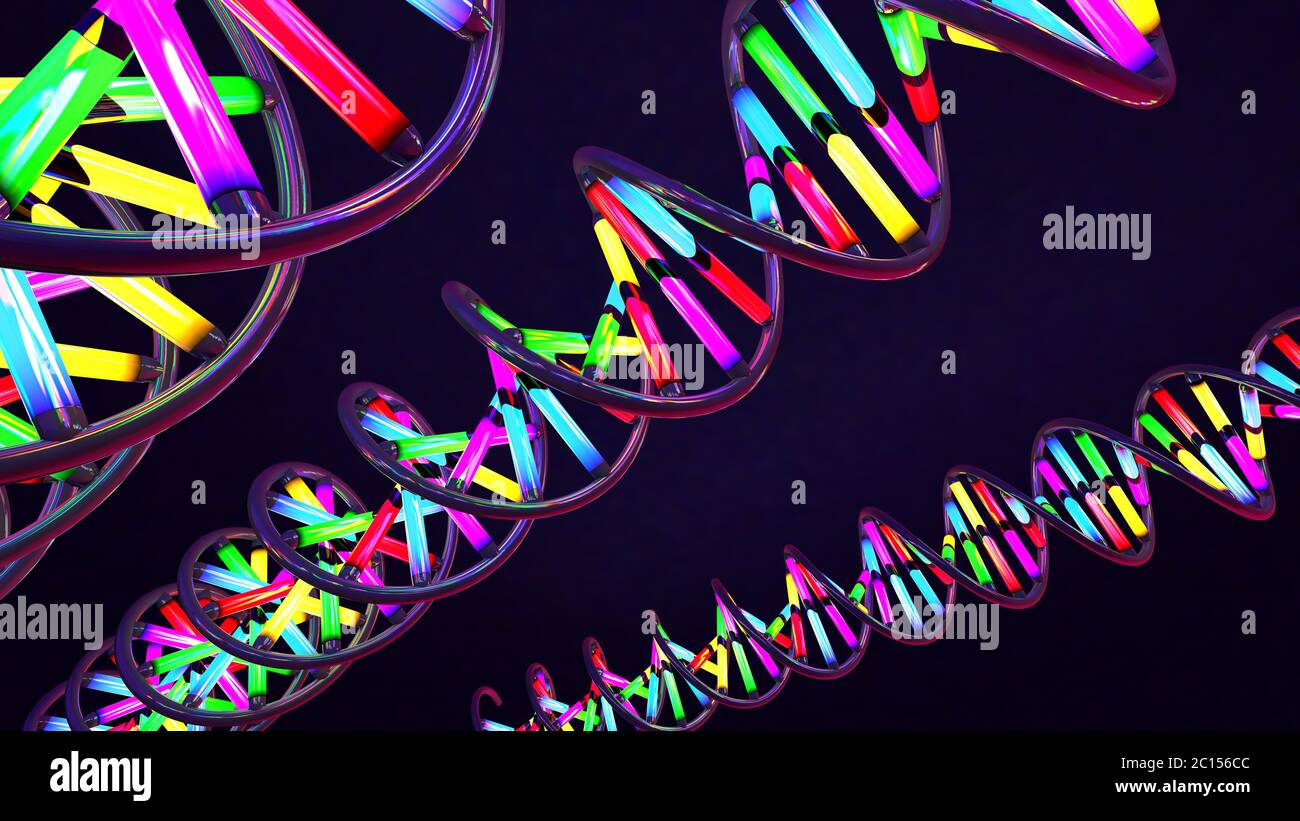3d illustrazione di un multicolore di luce al neon-come twisted filamento di DNA fatto di vetro e metallo Foto Stock