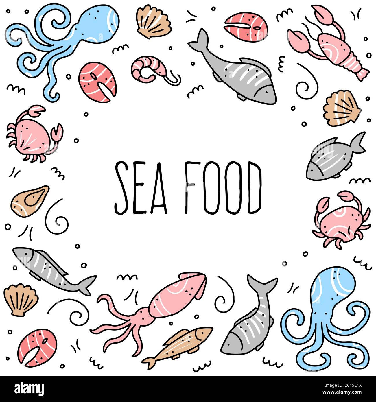 Cornice di elementi di pesce, pesce, aragosta, ostriche, polpi, gamberetti.  Stile di schizzo Doodle. Elemento alimentare marino disegnato da penna  dogitale. Illustrazione vettoriale per icone, menu, design di ricette  Immagine e Vettoriale -