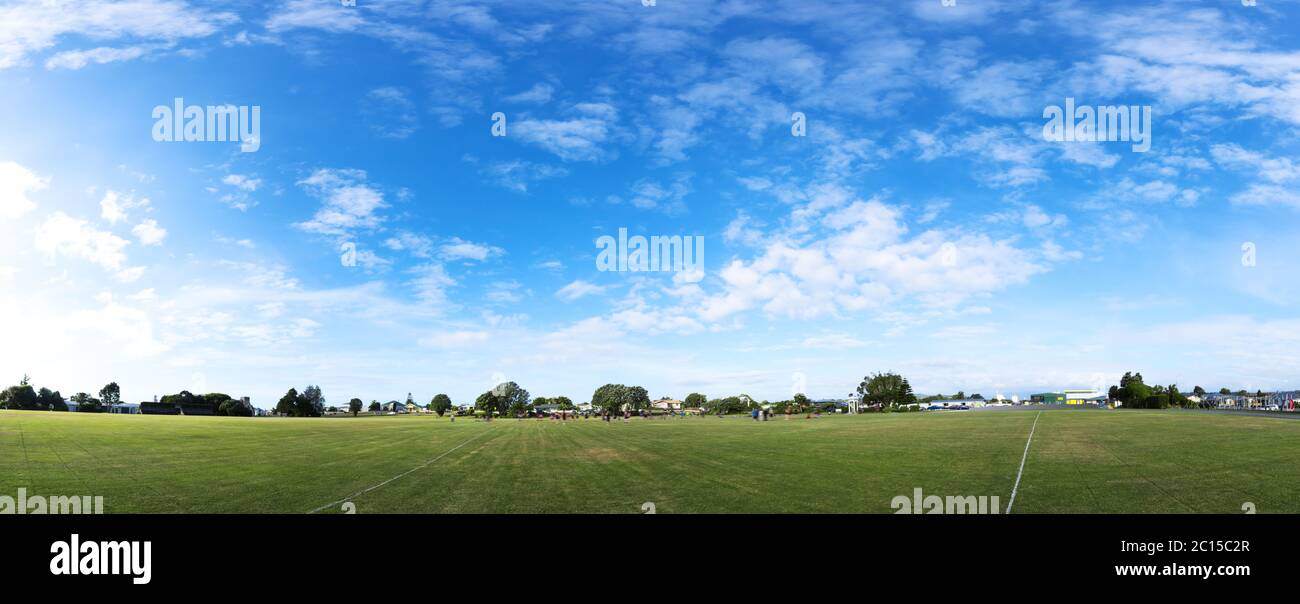 campo di rugby verde in cielo blu Foto Stock