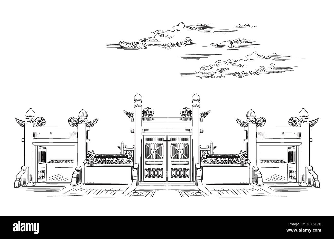 Porta Lingxing di fronte al Tempio del Paradiso a Pechino, punto di riferimento della Cina. Illustrazione dello schizzo vettoriale disegnata a mano in colore nero isolato su bianco Illustrazione Vettoriale