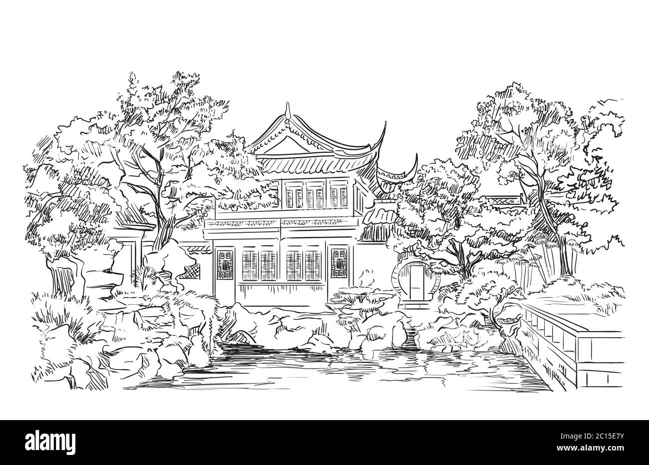 Giardino di contentment nella provincia di Shanghai, punto di riferimento della Cina. Illustrazione dello schizzo vettoriale disegnata a mano in colore nero isolato su sfondo bianco. Mento Illustrazione Vettoriale
