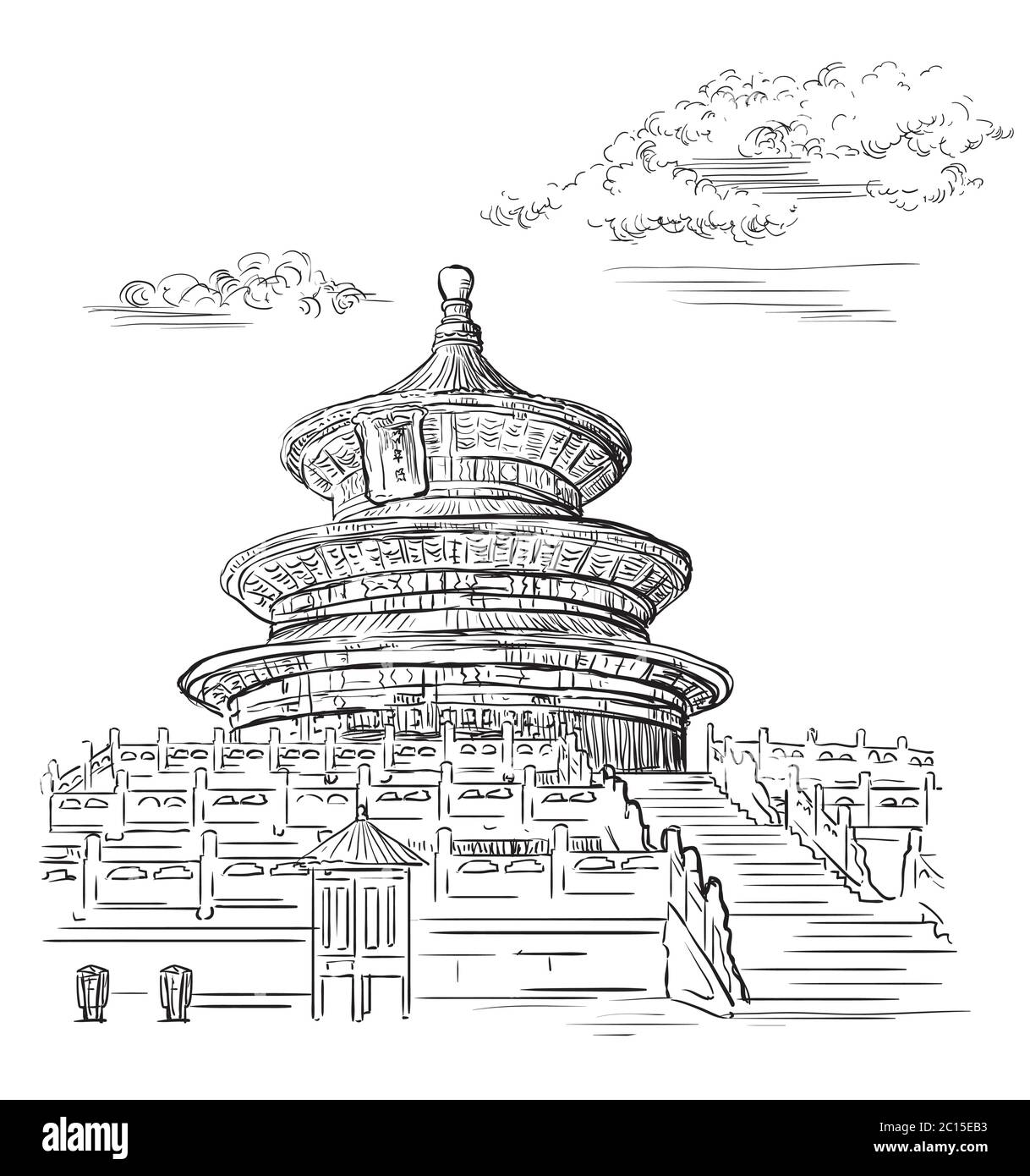 Illustrazione vettoriale. Tempio del Paradiso a Pechino, punto di riferimento della Cina. Illustrazione dello schizzo vettoriale disegnata a mano in colore nero isolato su sfondo bianco Illustrazione Vettoriale