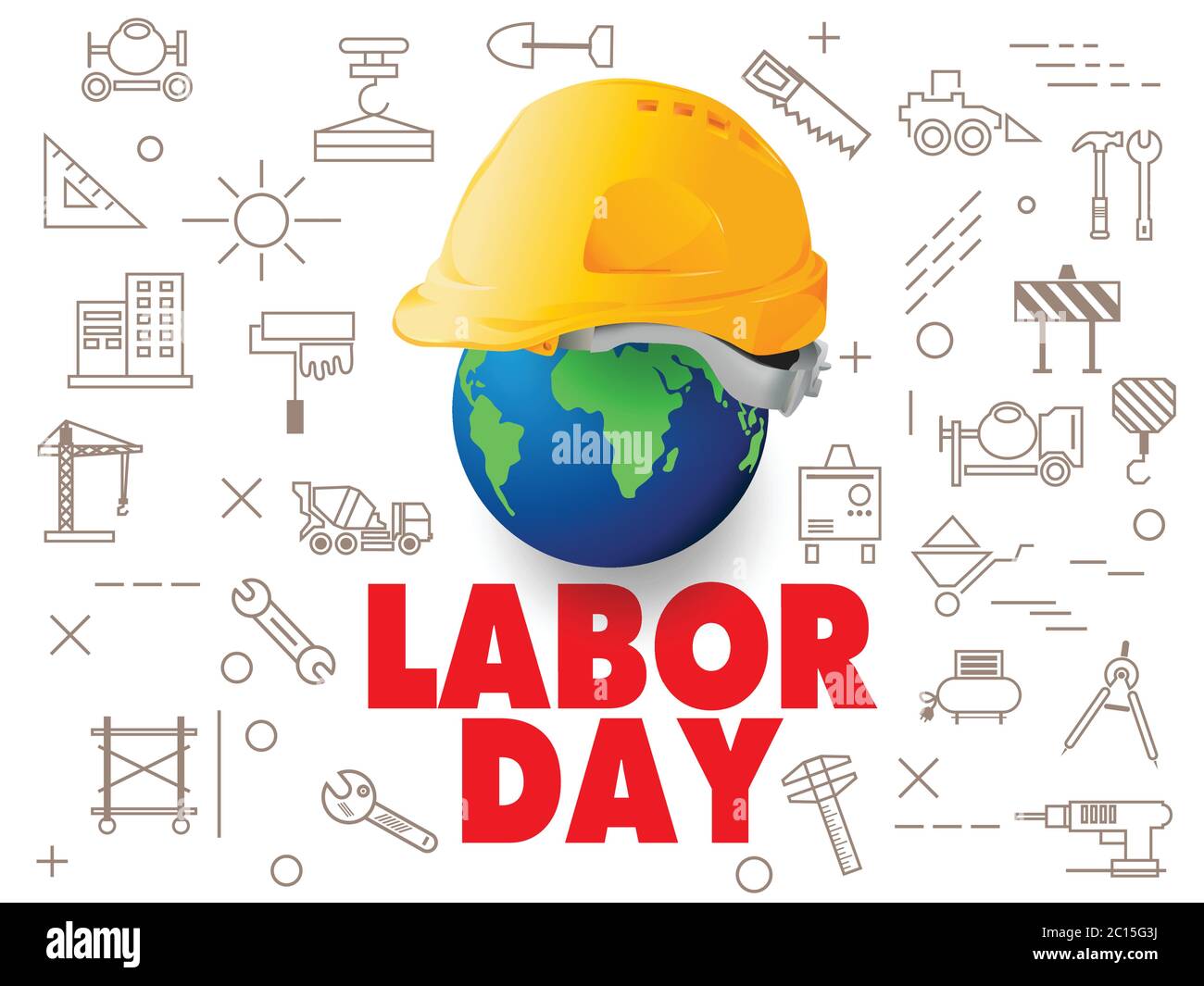 Giornata del lavoro felice, giornata nazionale, il cappello ingegnere messo sul globo, disegno vettoriale. Illustrazione Vettoriale