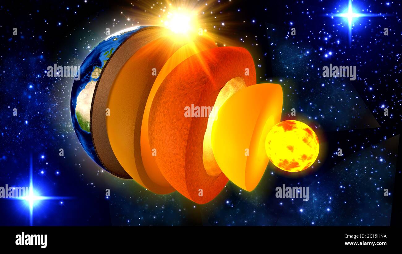 illustrazione 3d di una sezione trasversale e della struttura della terra dal nucleo interno alla crosta Foto Stock