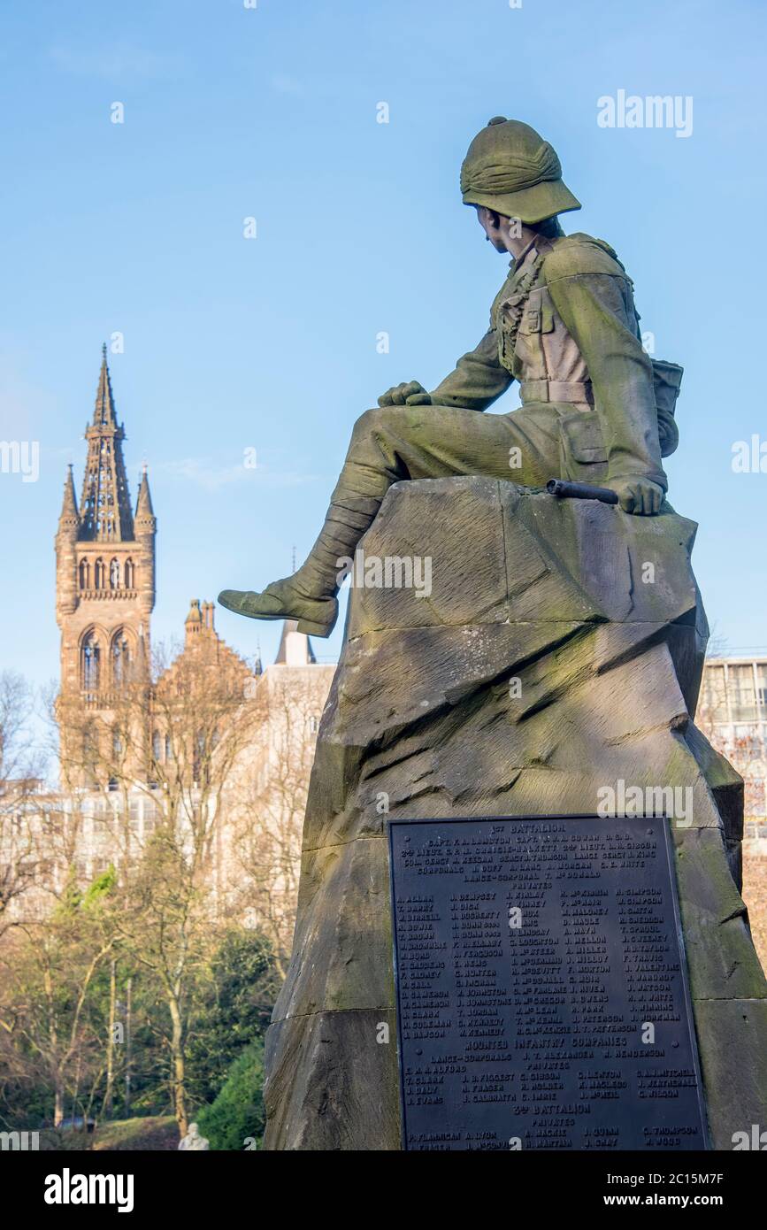 Highland Light Fanteria War Memorial, Kelvingrove Park, Glasgow, Scozia Foto Stock