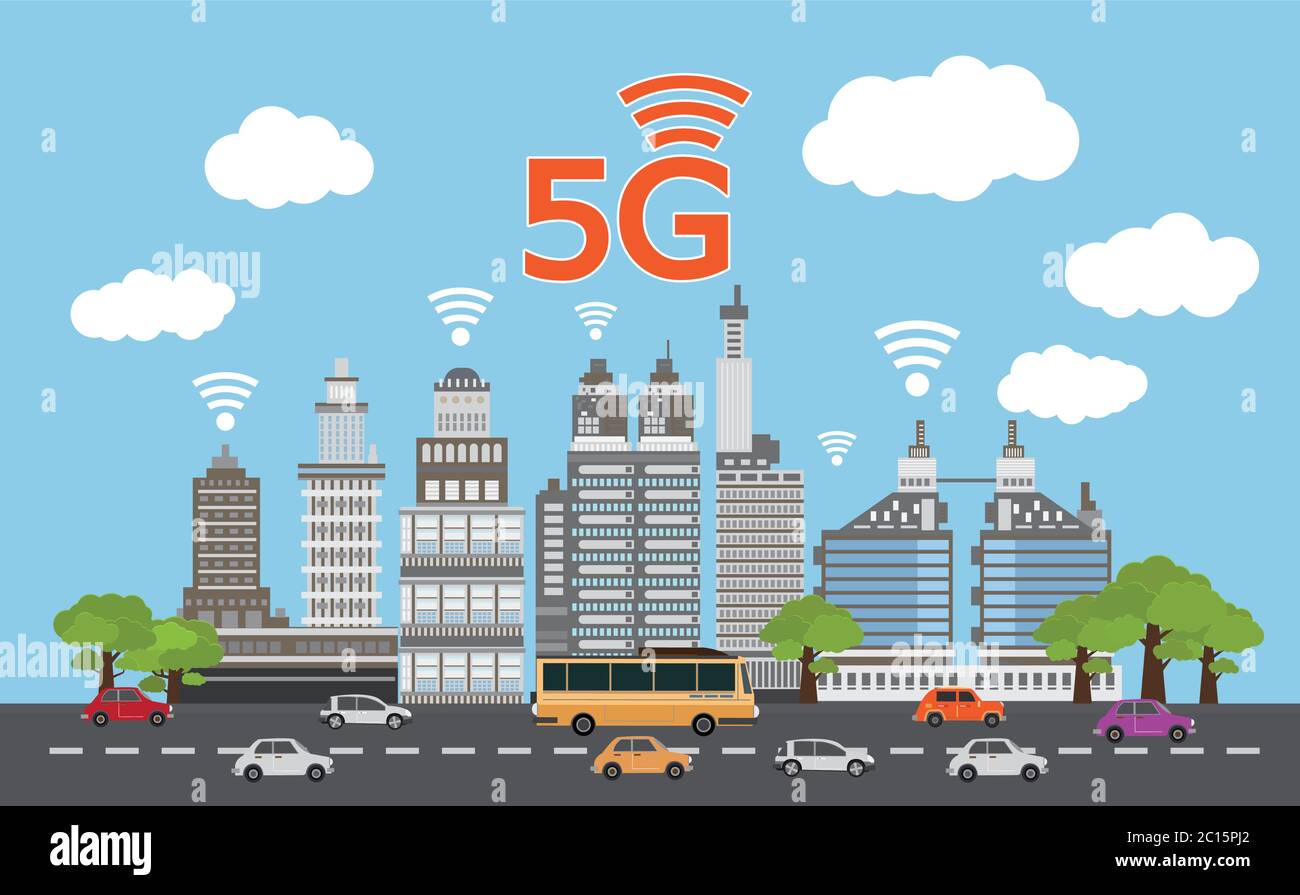 Rete 5G, connessione Internet wifi wireless, Smart City, illustrazione vettoriale Illustrazione Vettoriale