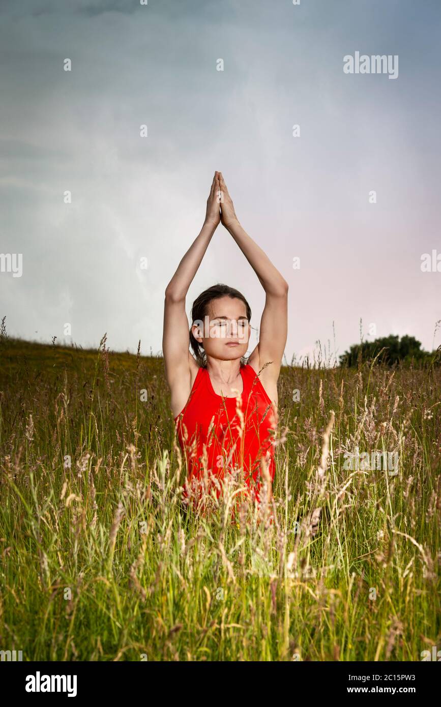 Donna che pratica yoga in un campo di fiori selvatici e erba, sano stile di vita concetto. Foto Stock