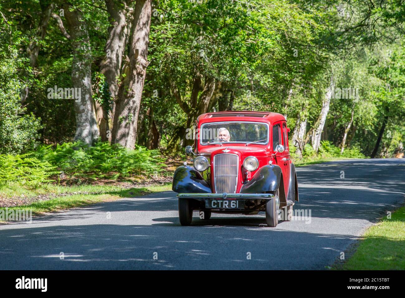 Auto classica Austin Seven Ruby che attraversa la scena boschiva del New Forest National Park, Hampshire, Inghilterra Foto Stock