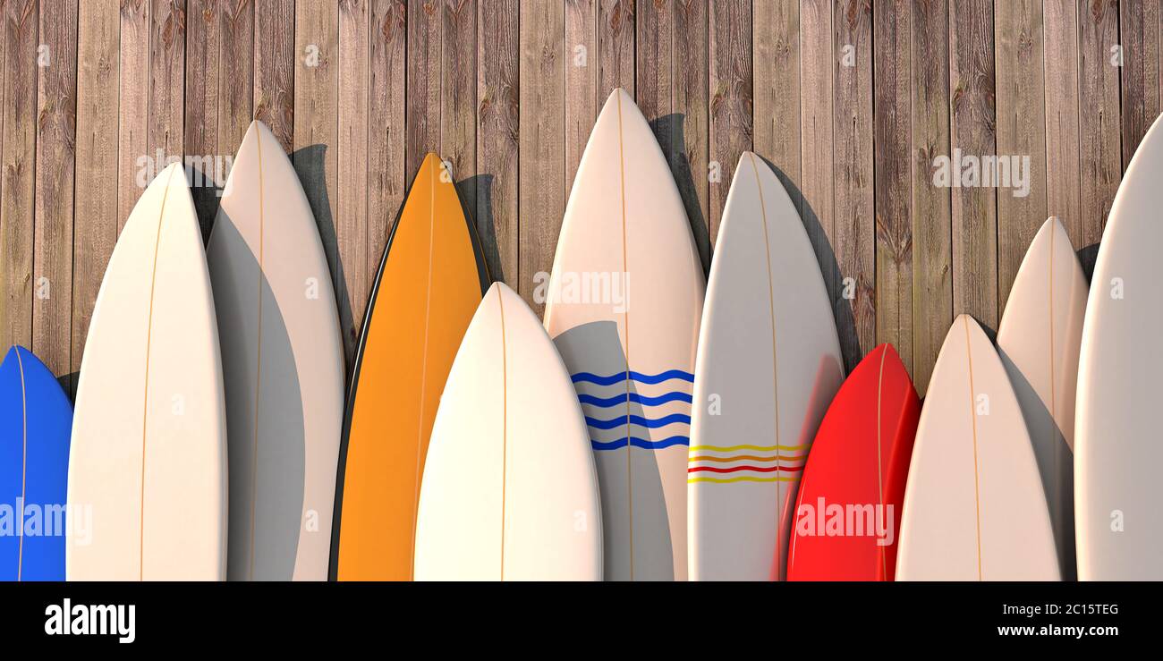 Molte tavole da surf colorate in piedi in fila su una parete di legno - illustrazione 3d Foto Stock