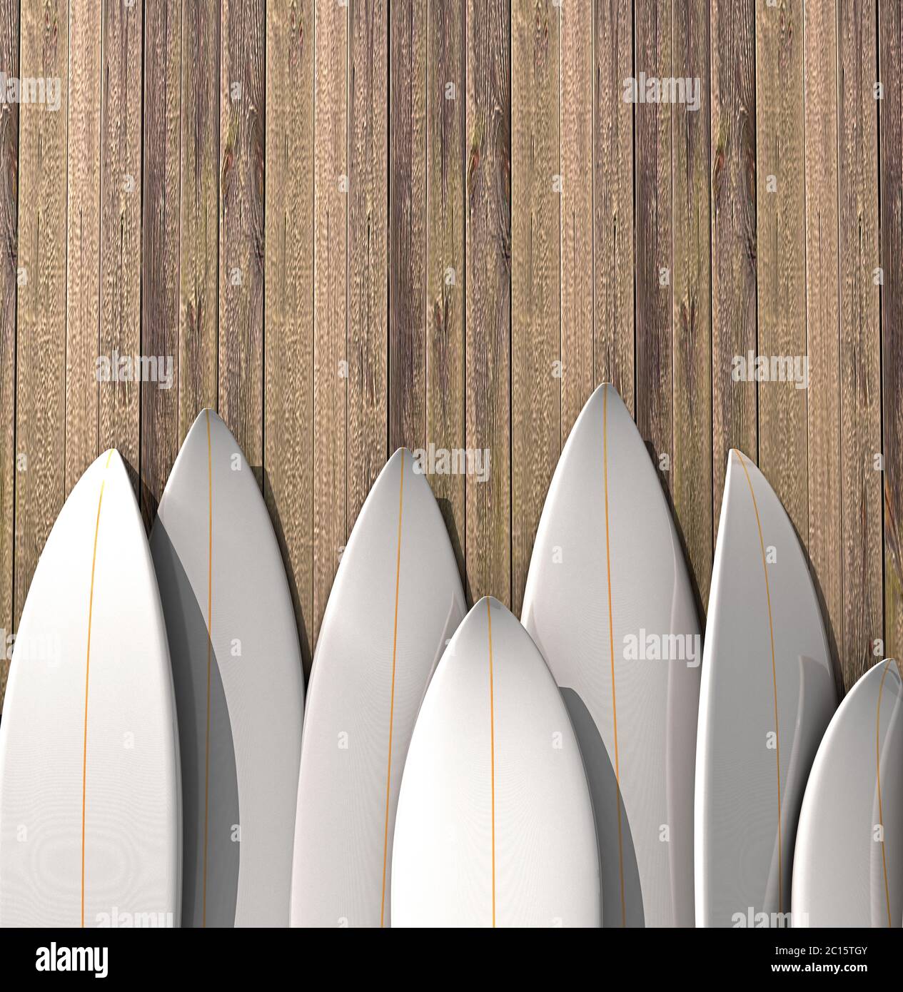 Molte tavole da surf vuote in piedi in fila su una parete di legno - illustrazione 3d Foto Stock