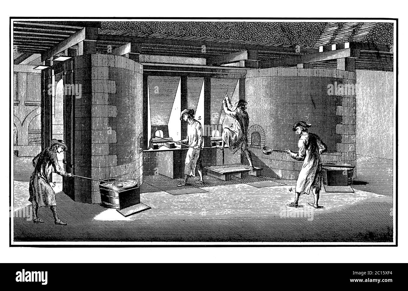 Illustrazione antica che rappresenta un processo di fabbricazione di vetro di lastra. Pubblicato in 'UNA Enciclopedia pittorica Diderot di mestieri e industria. Produttore Foto Stock