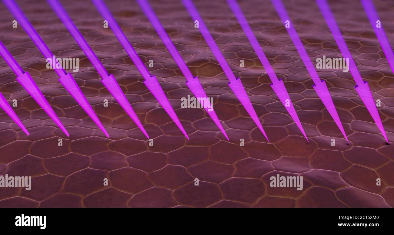 3d illustrazione di raggi ultravioletti entrando in cellule della pelle Foto Stock