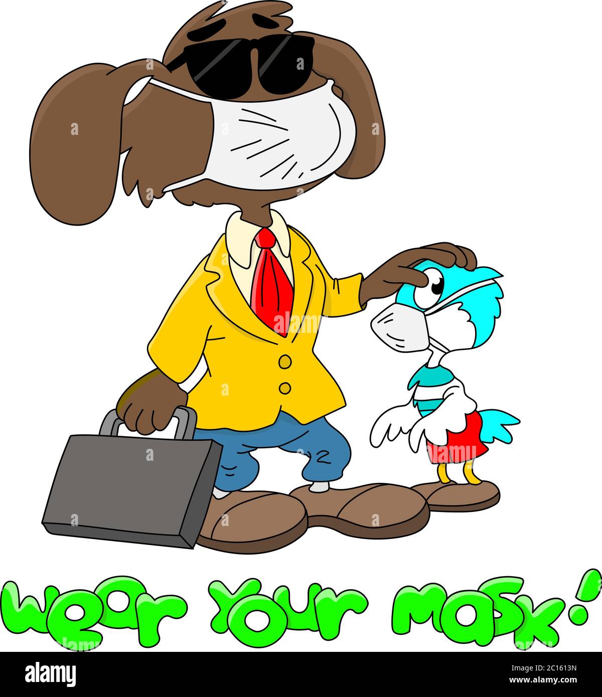 Il cane del cartone animato e l'uccello che indossa maschere per essere sicuro da illustrazione del vettore del virus corona Illustrazione Vettoriale