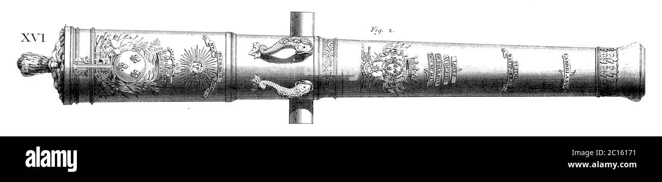 illustrazione del xviii secolo di un cannone di artiglieria a 16 padelle. Pubblicato in 'UNA Enciclopedia pittorica Diderot di mestieri e industria. Produzione e t Foto Stock