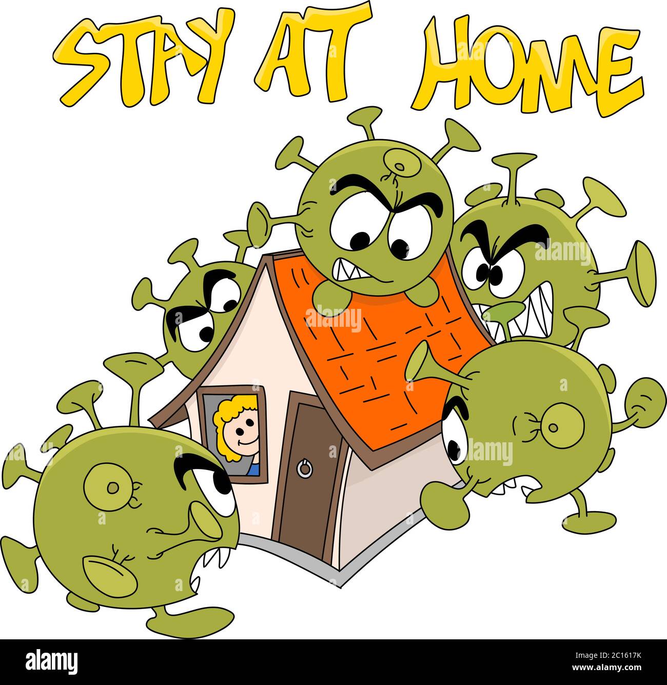 Donna Cartoon che rimane a casa per essere al sicuro da illustrazione vettore di virus corona Illustrazione Vettoriale