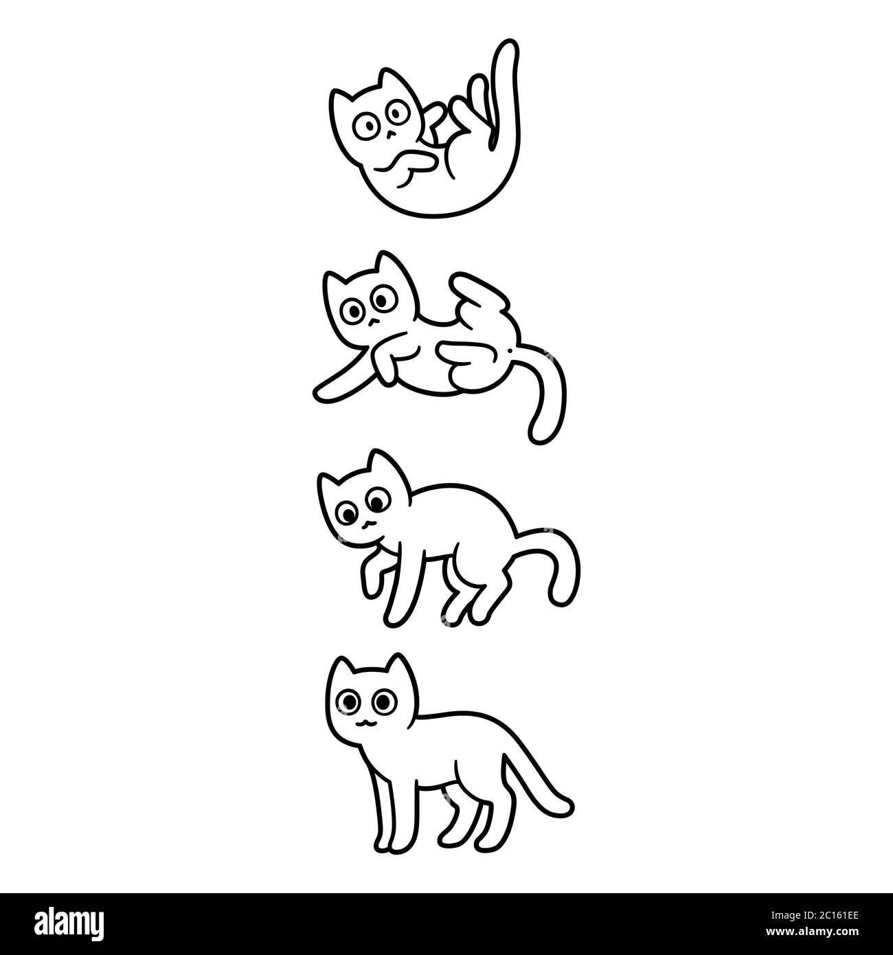 Carino gatto cartoon che cade e atterrando su tutte e quattro le zampe. Adorabile disegno di gattino bianco e nero. Illustrazione grafica a clip vettoriale isolata. Illustrazione Vettoriale