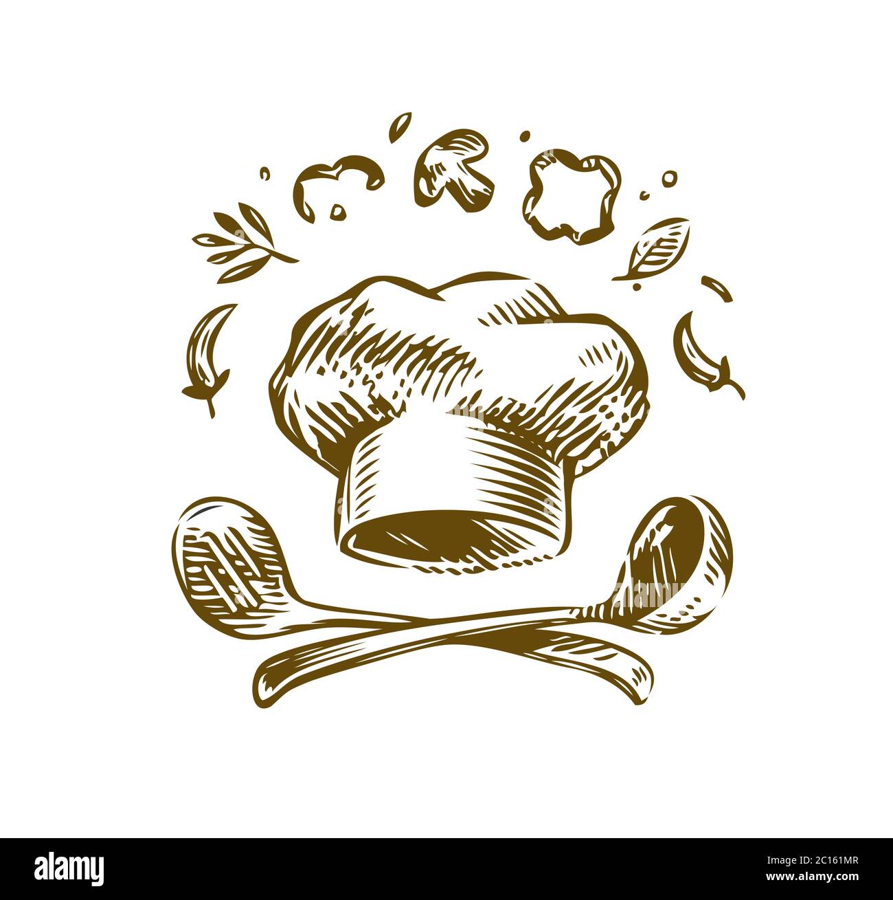 Cucina con logo disegnata a mano. Illustrazione vettoriale vintage. Design del menu per il ristorante e il caffè Illustrazione Vettoriale