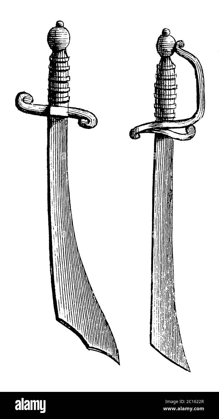 Antica illustrazione di yataghan medievali. Pubblicato in 'UNA Enciclopedia pittorica Diderot di mestieri e industria. Produzione e arte tecnica Foto Stock