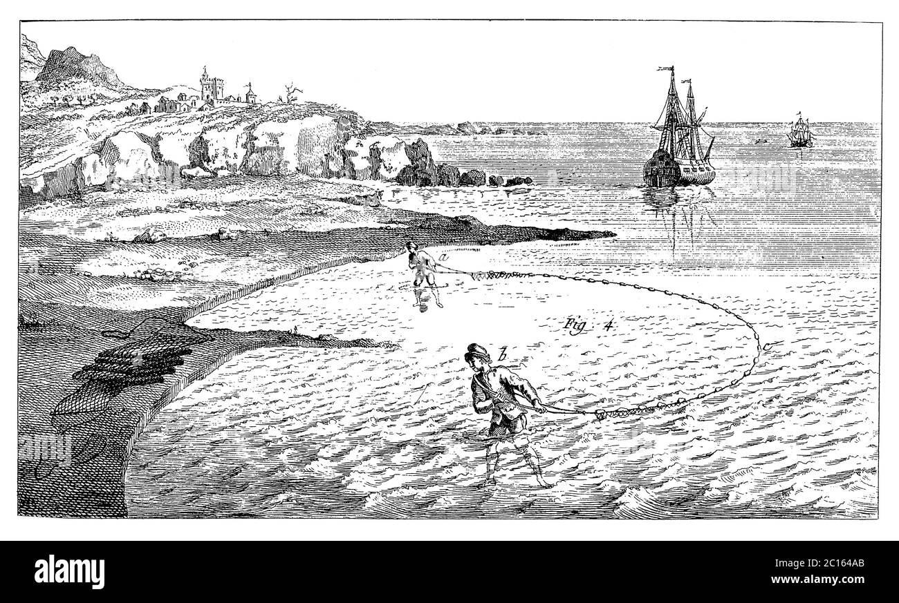 illustrazione del xviii secolo di come i pescatori spargono la rete di pesca, progettata per intrappolare pesci più grandi, fino a 5 o 10 libbre. Pubblicato in 'A Diderot pittorico e Foto Stock