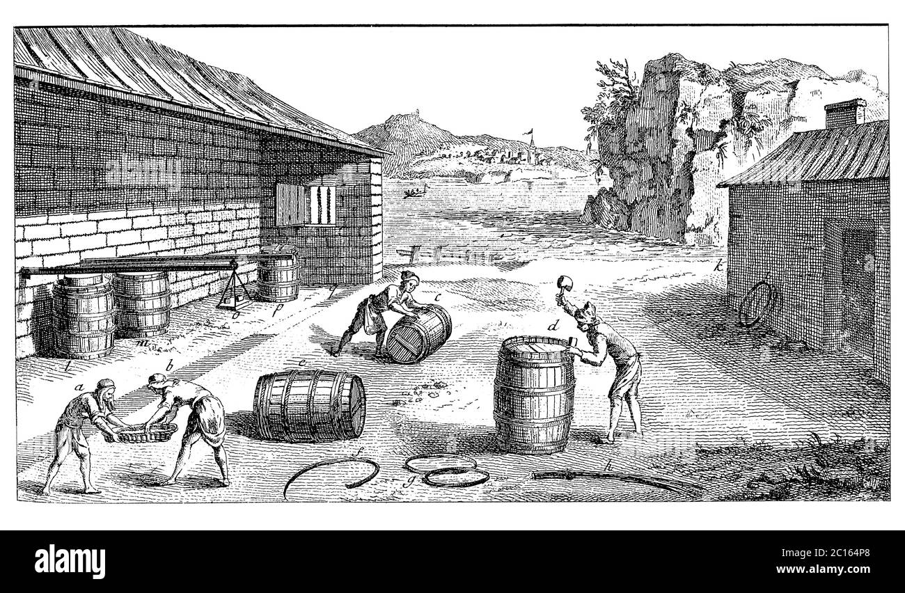 illustrazione del xviii secolo di come i contadini impacchettano il pesce in barili per l'inverno. Pubblicato in 'UNA Enciclopedia pittorica Diderot di mestieri e industria. Ma Foto Stock