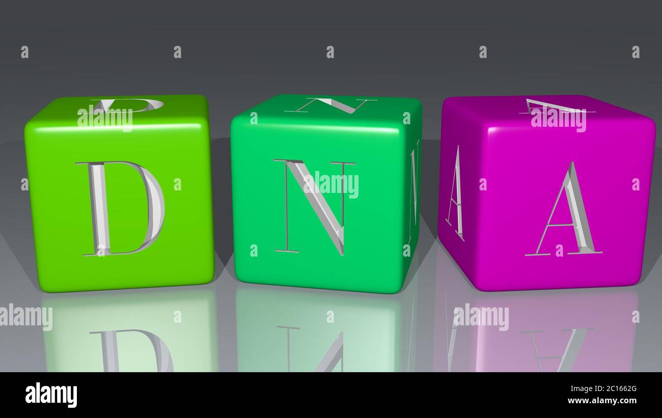 DNA combinato da lettere di dadi e colore che si incrociano per i significati relativi del concetto. Illustrazione 3D Foto Stock