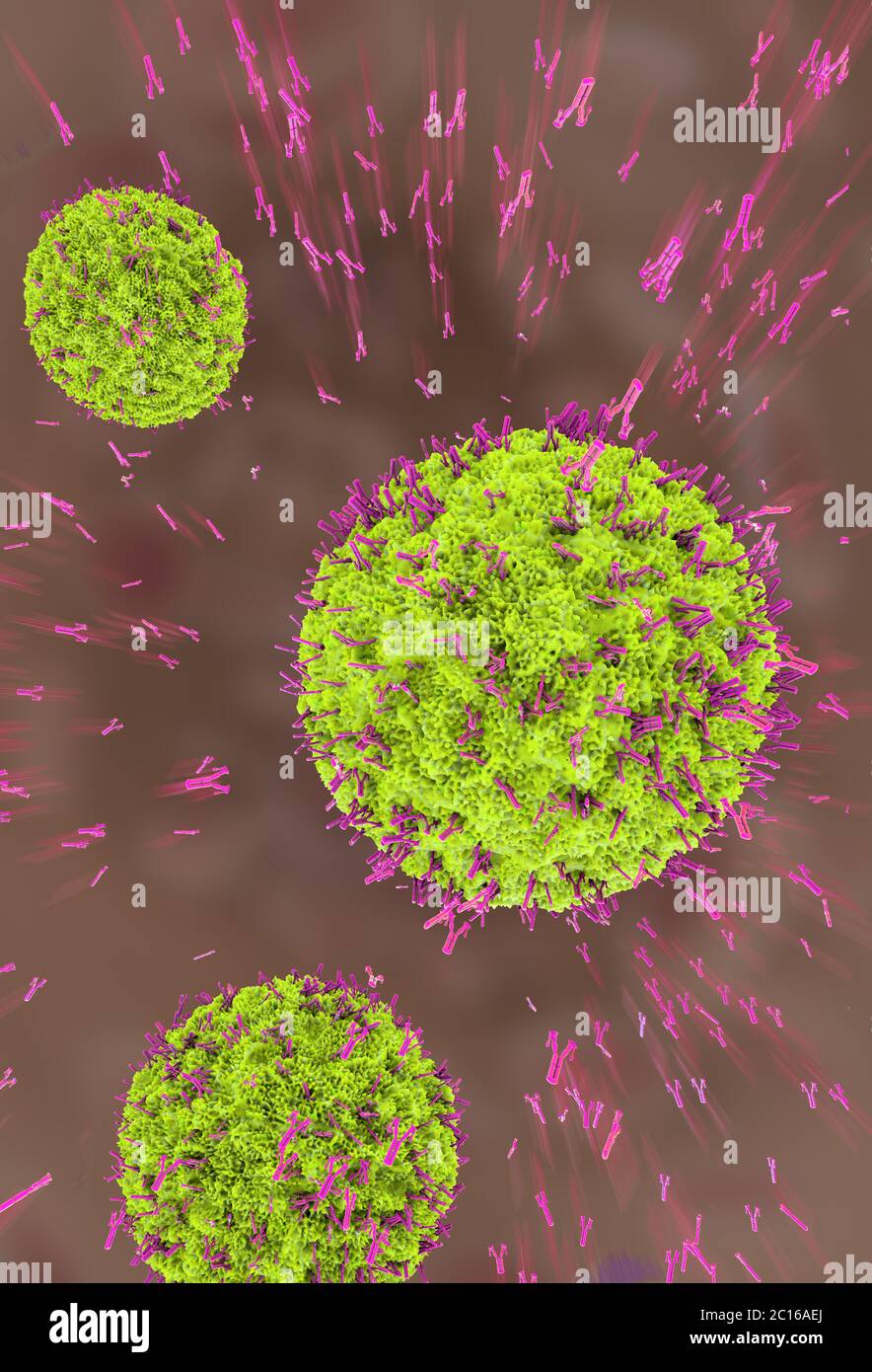 3d illustrazione degli anticorpi del virus attaccano cellula nel flusso sanguigno Foto Stock