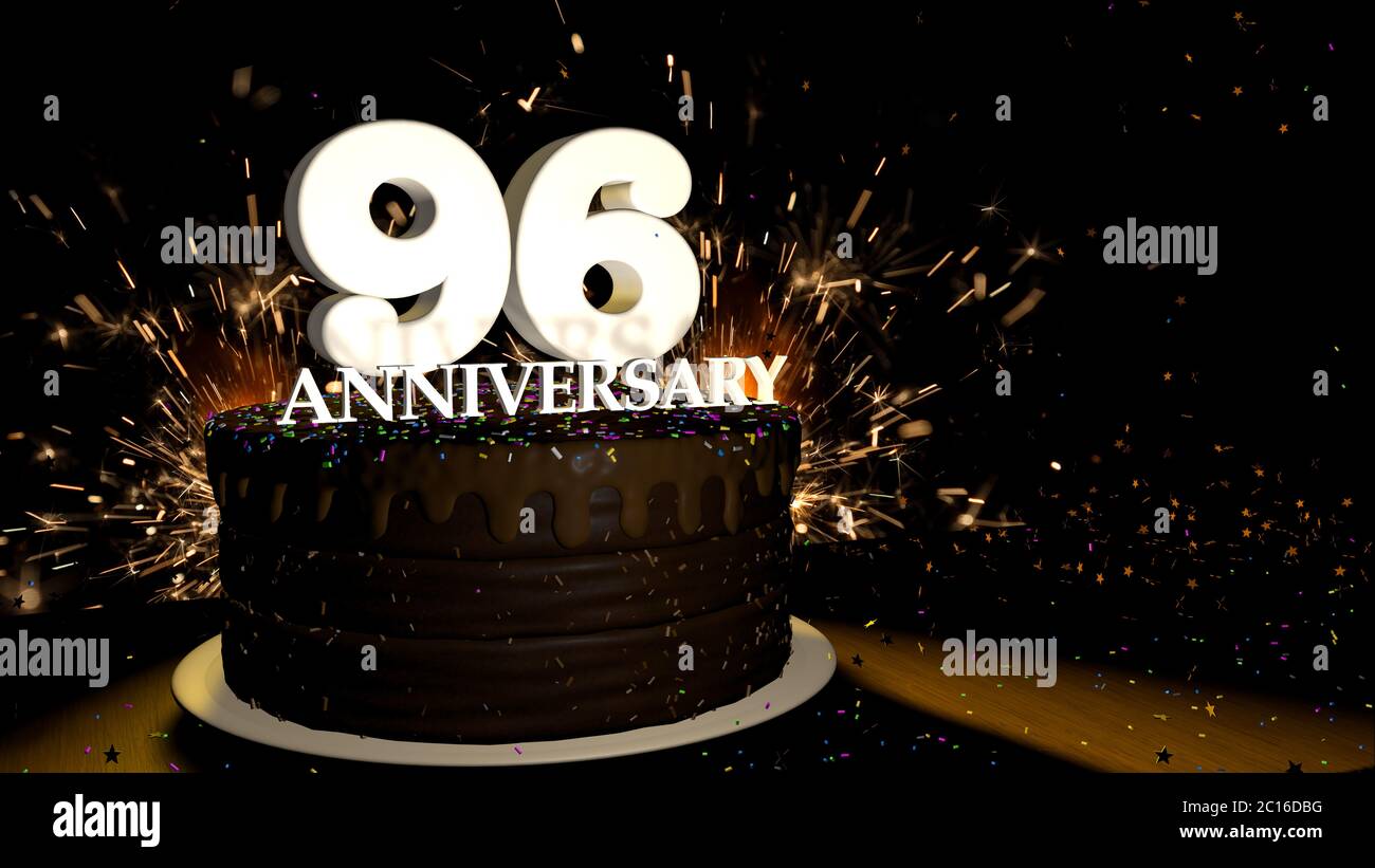 Carta anniversario 96. Torta rotonda al cioccolato decorata con draghe di colore blu, rosso, giallo, verde con numeri bianchi su un tavolo di legno Foto Stock