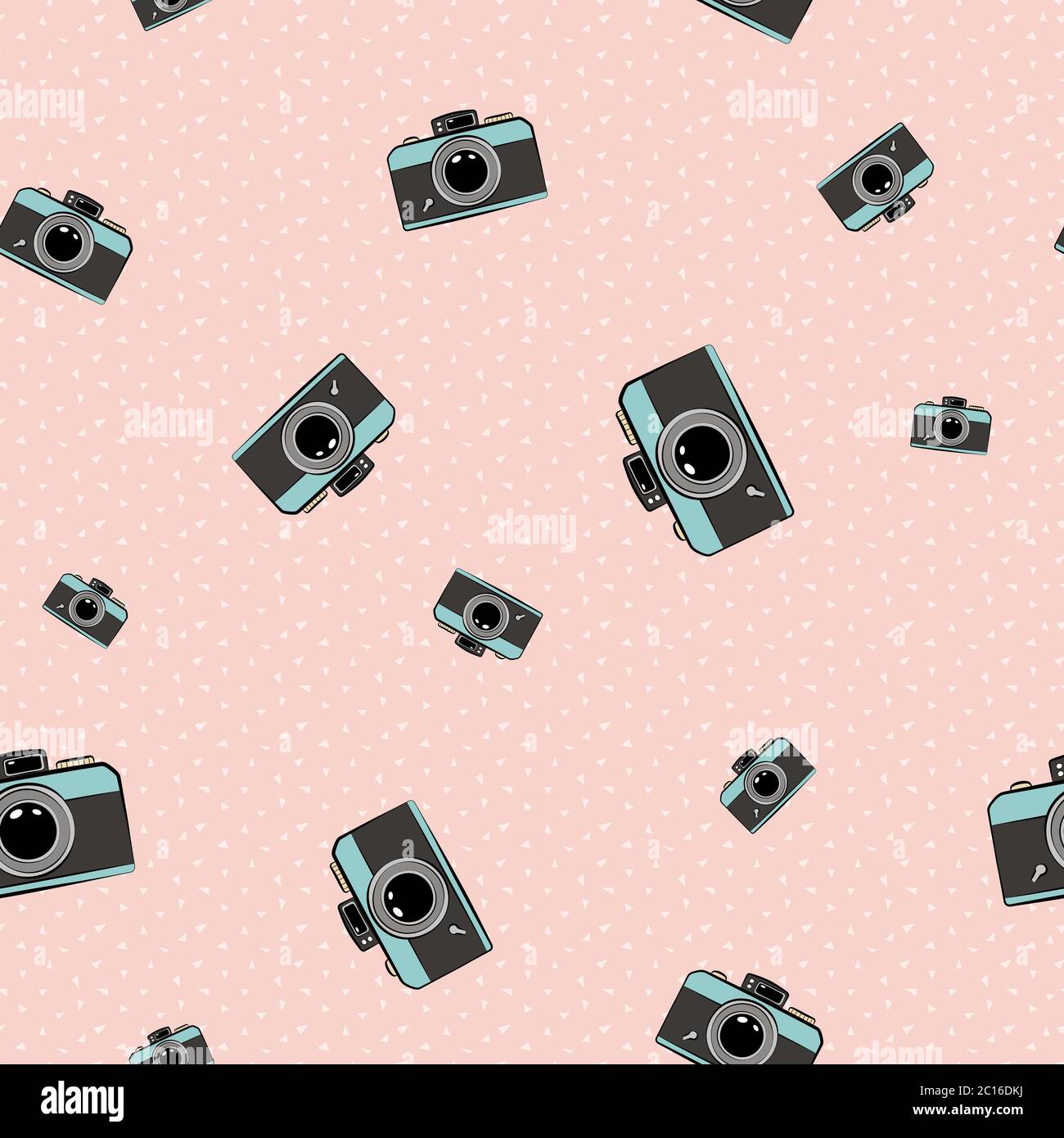 Pattern senza interruzioni con telecamere posizionate in modo casuale e sfondo rosa. Illustrazione Vettoriale