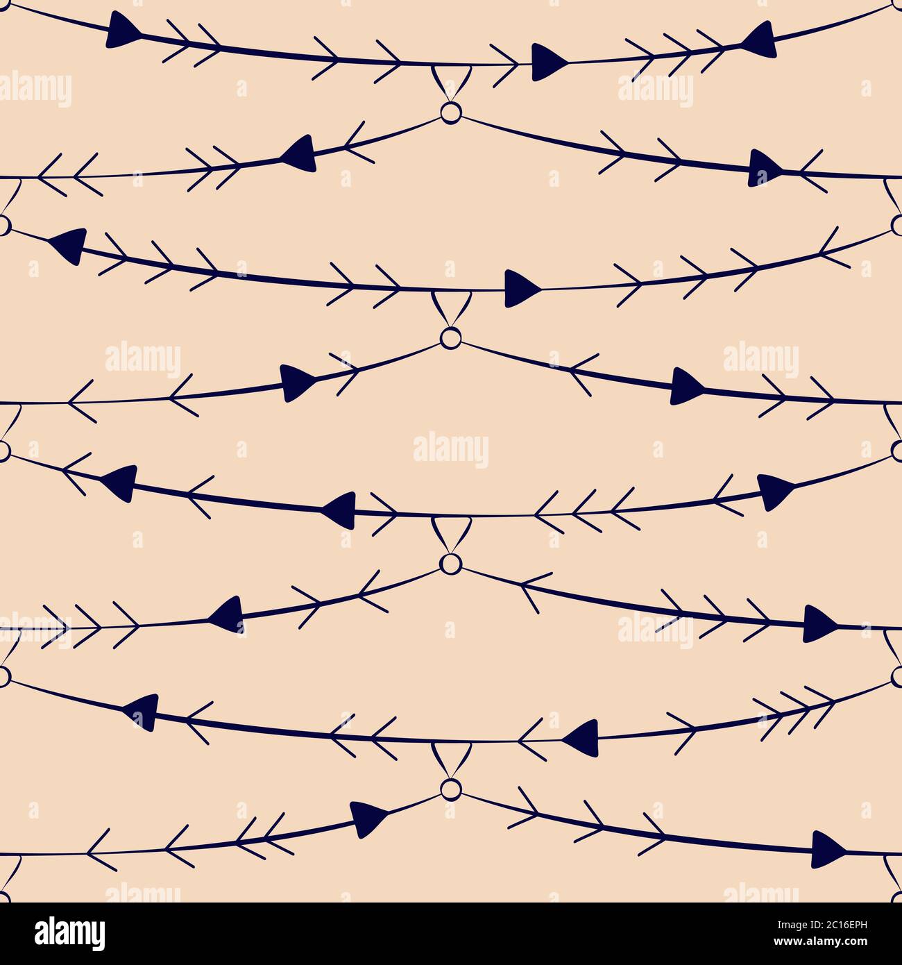 Ripetizione senza giunture con linee, curve ed elementi triangolari. Illustrazione vettoriale per inviti, stampe, carta da imballaggio, biglietti d'auguri, sfondo, ecc. Illustrazione Vettoriale